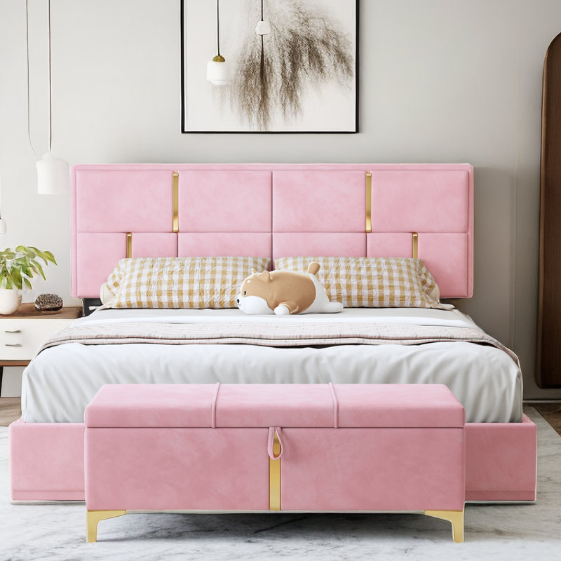 Mercer41 Sasi Queen Upholstered Platform Bed with Storage Ottoman 2